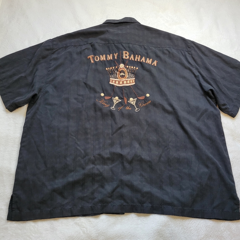 Tommy Bahama Shirt Mens 2XL Golf Embroidered 100% Silk Black King Of The Green